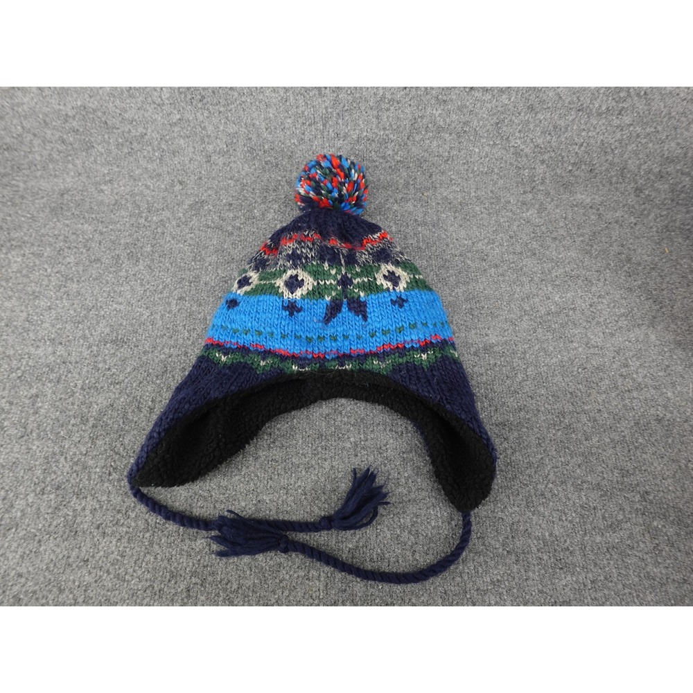 American Eagle Trapper Hat Unisex OS Blue Fair Isle Pom-Pom Faux Fur Lined